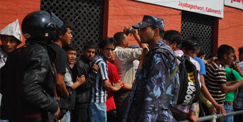 Prospective migrant workers stand in queue to apply for the Korean Language Test in Kathmandu (May, 2011)
